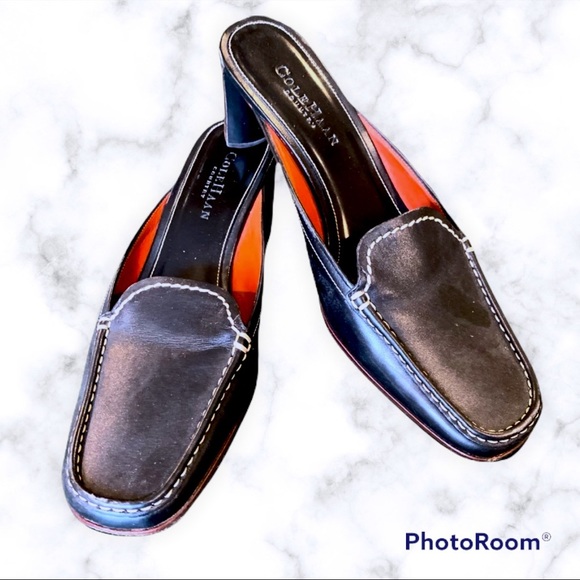 Cole Haan Square Toe Black Leather Loafer Mules w Wooden Stacked Low Heel Size 8 - Picture 4 of 16